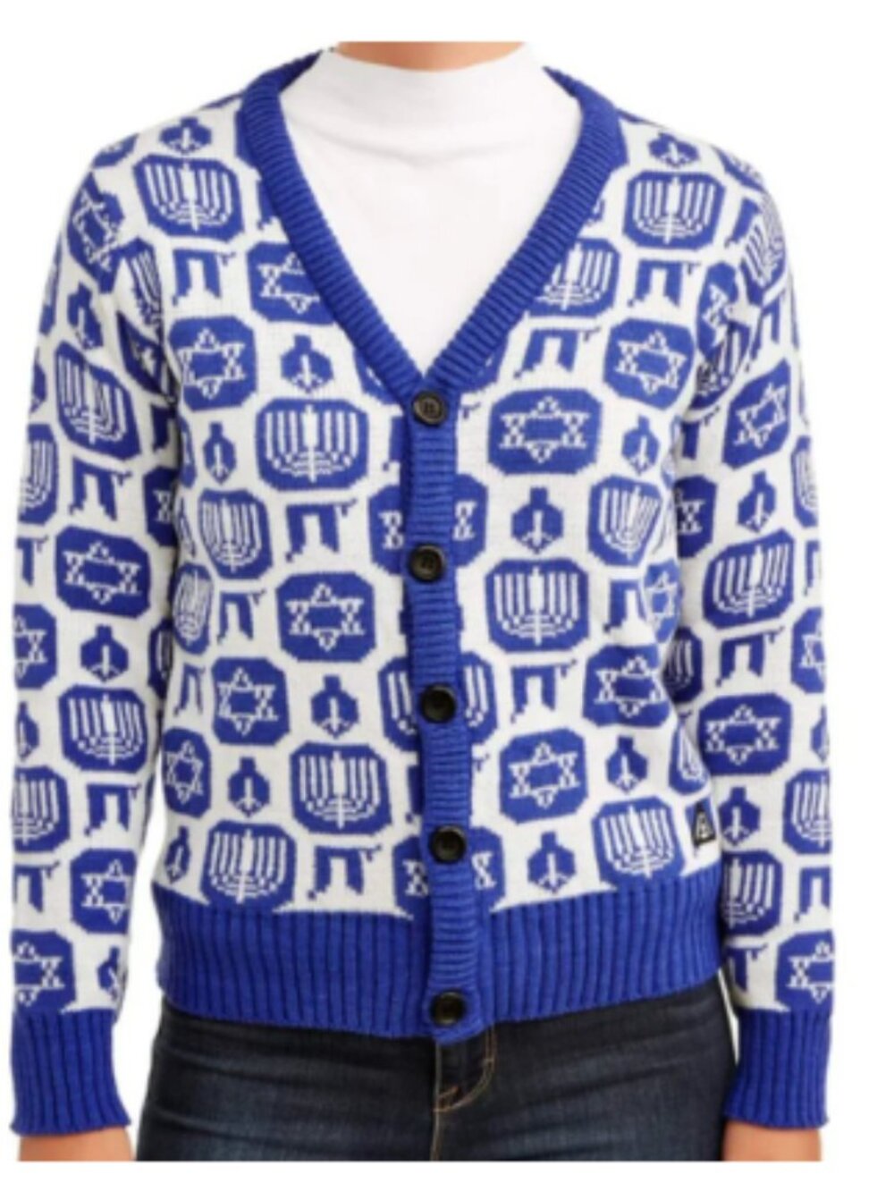 Hanukkah Holiday Cardigan L Blue & White American Stitch Knit